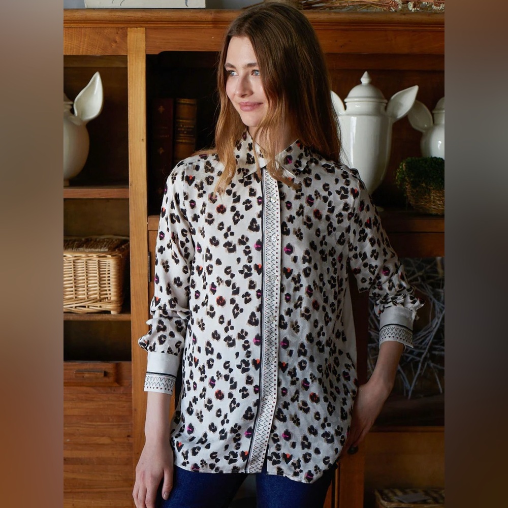 VILAGALLO MARIELA TIGER LONG SLEEVE SHIRT BLOUSE WHITE Sz 38